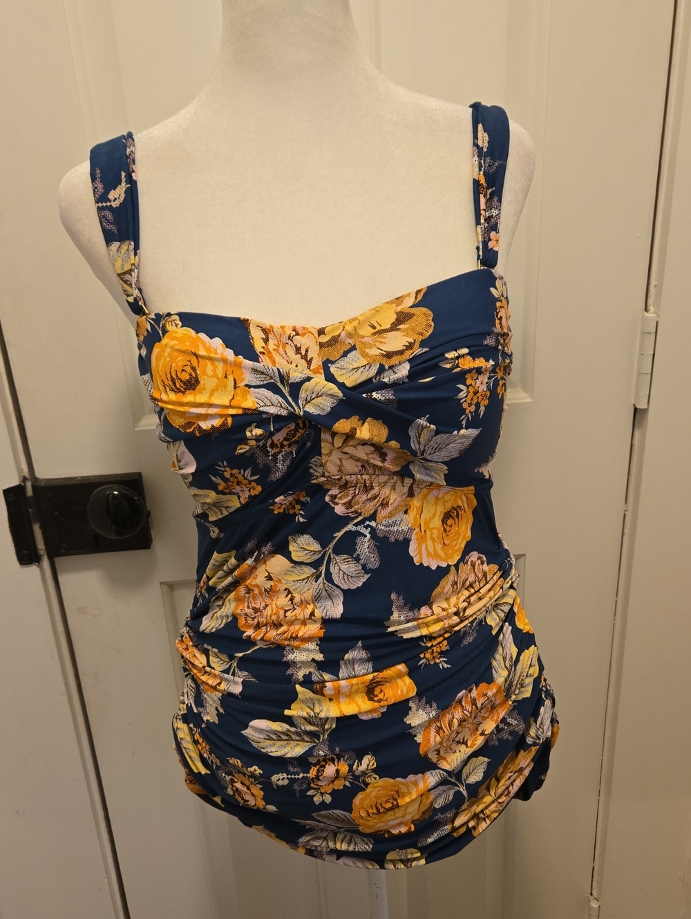 Jantzen Navy One-Piece Swimsuit with Yellow Rose Floral Print Size 8